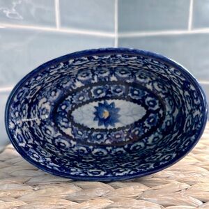 Vintage 90’s Blue‎ Floral “Polish Style” Pottery Oval Bowl by Nantucket.
